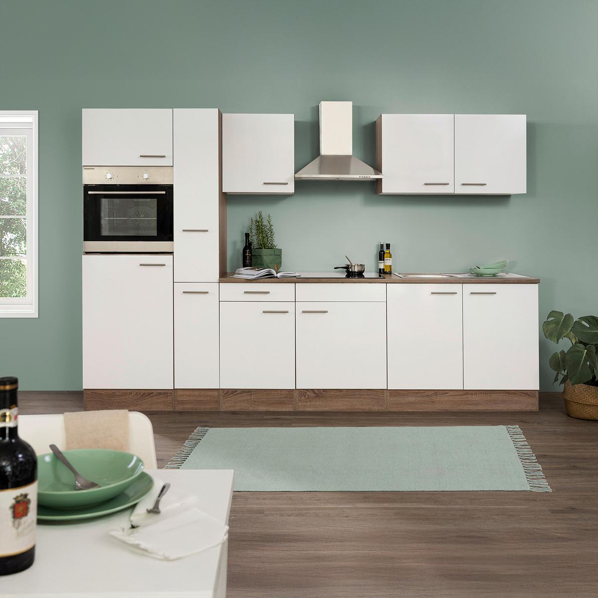 Küchenzeile mit Geräten B: 300 cm Weiß/Eiche Dekor - Eichefarben/Weiß, Design, Holzwerkstoff (300cm) - Respekta