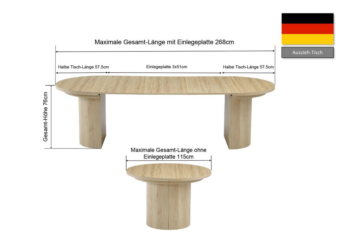 Esstisch Kiruna Eichefarben L: 115-268 cm - Eichefarben, MODERN, Holzwerkstoff (115/268/115/76cm) - P & B