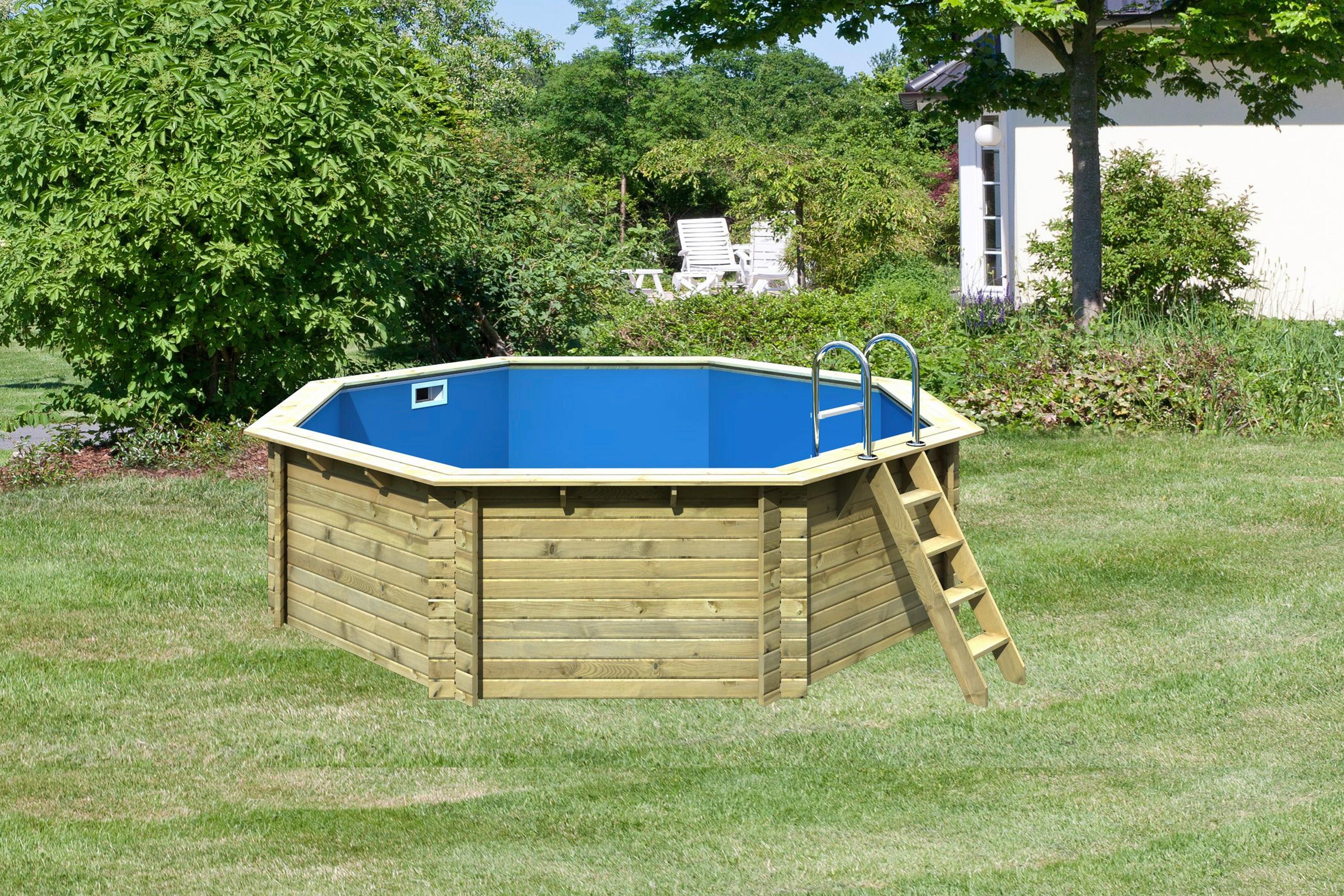 Schwimmbecken Achteckig Ibiza 2 mit Leiter Ø 470 cm - Blau/Naturfarben, Basics, Holz (470/124cm) - Karibu