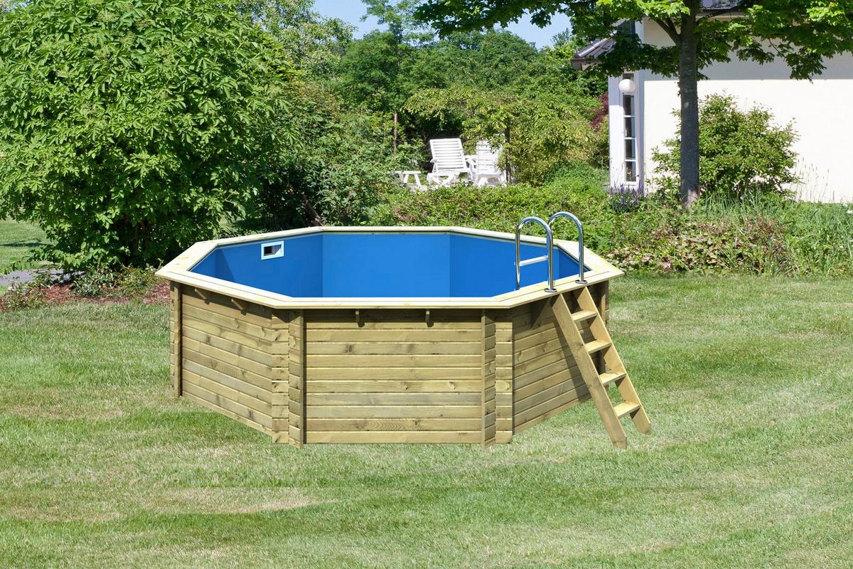 Schwimmbecken Achteckig Ibiza 2 mit Leiter Ø 470 cm - Blau/Naturfarben, Basics, Holz (470/124cm) - Karibu