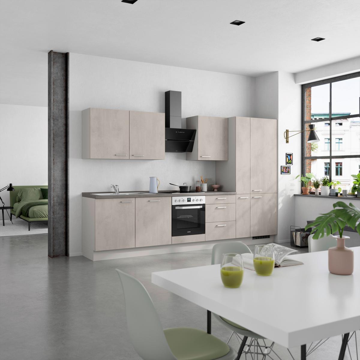 Kuchynská linka 330 cm, šedý betón/ kamenná šedá - sivá/farba ušľachtilej ocele, Modern, kov/kompozitné drevo (330cm) - Nobilia