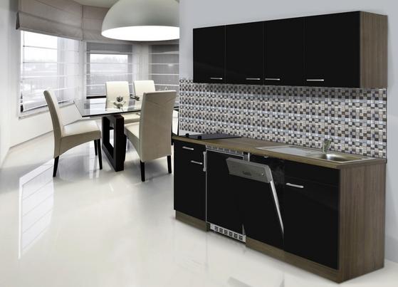 Praktische Küchenzeile mit schwarzen Fronten und Korpus in Eiche Dekor Praktische Küchenzeile mit schwarzen Fronten und Korpus in Eiche Dekor