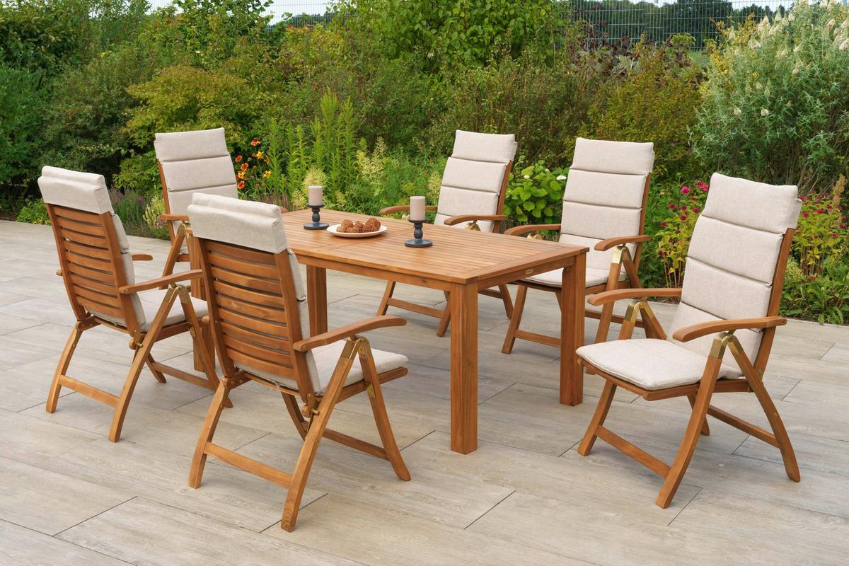 Gartentischgruppe 7tlg. Set - Beige/Akaziefarben, KONVENTIONELL, Holz/Textil - Gardenson