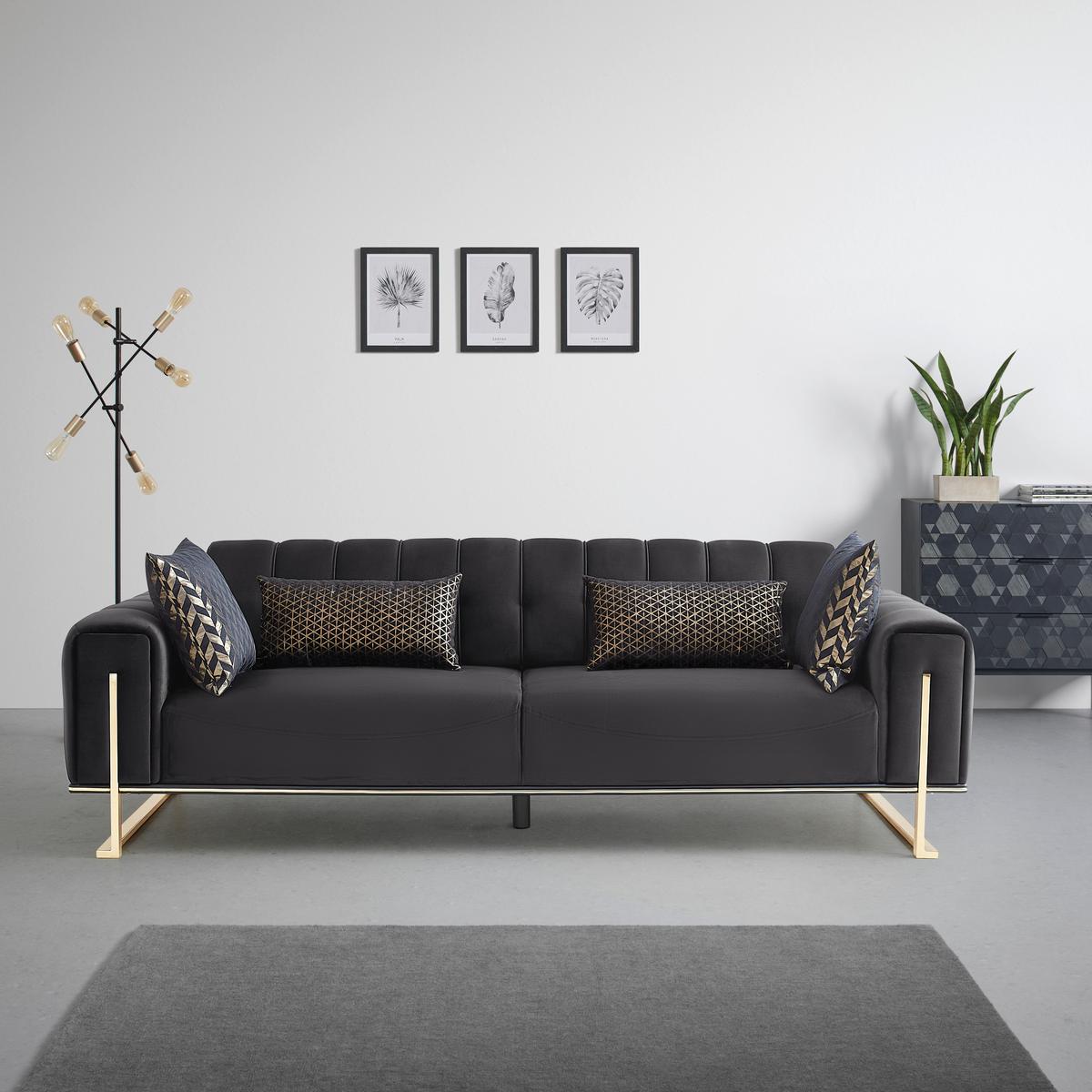 Trojmiestna pohovka AILE, čierny zamat, s vankúšmi - čierna/zlatá, Lifestyle, textil (244/80/90cm) - Mömax