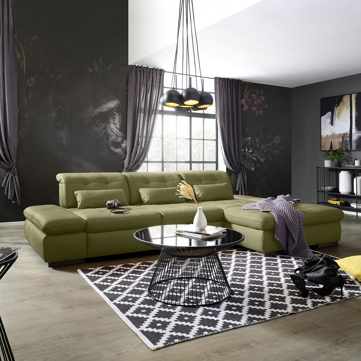 Rohová sedačka SANFINO, pravá, olivovozelená pravá koža - olivovozelená/chrómová, Konventionell, kov/koža (305/79-96/199cm) - Premium Living