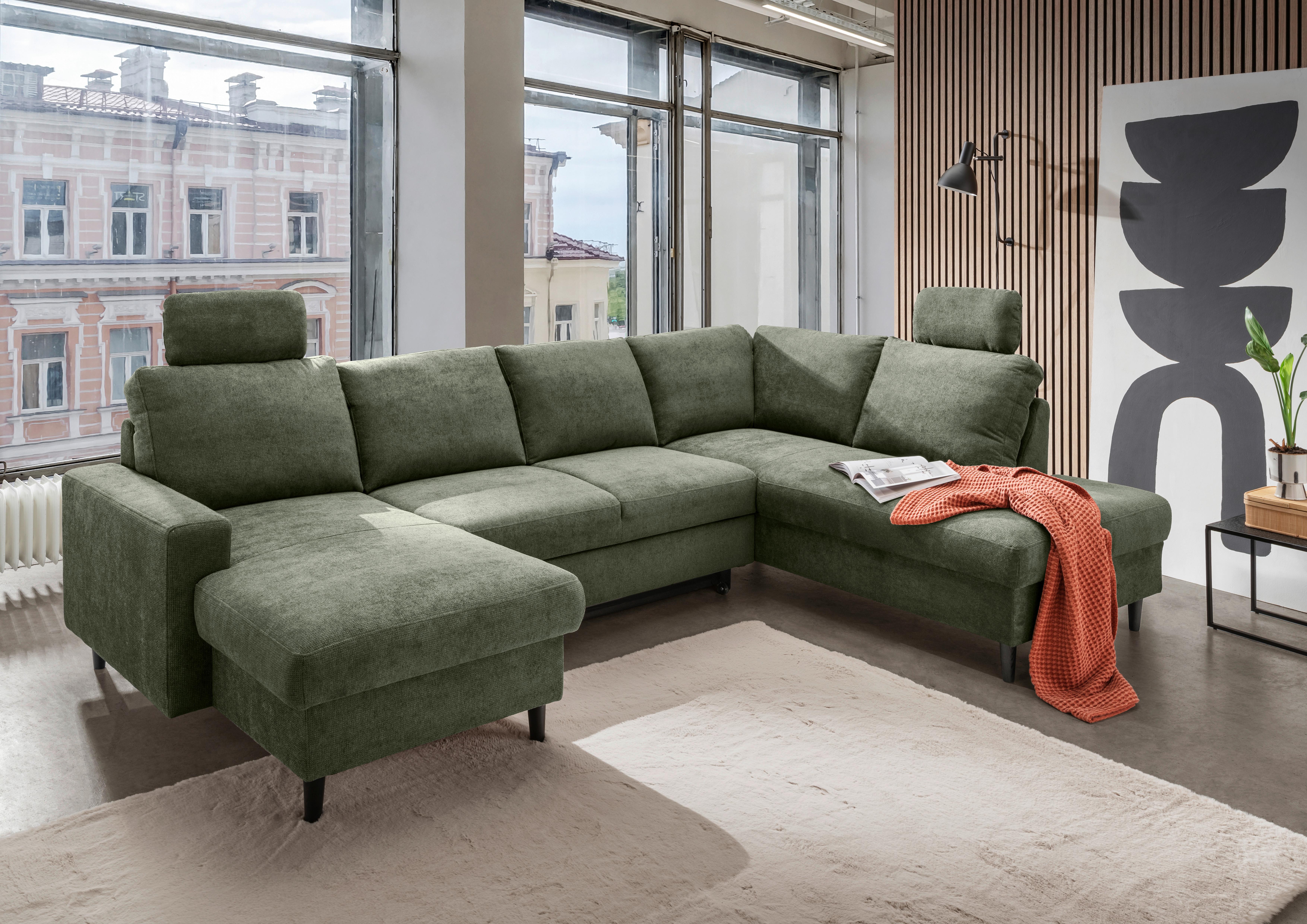 Wohnlandschaft Passione Dunkelgrün U: 153x305x200 cm - Dunkelgrün/Schwarz, MODERN, Textil (153/305/200cm) - Livetastic