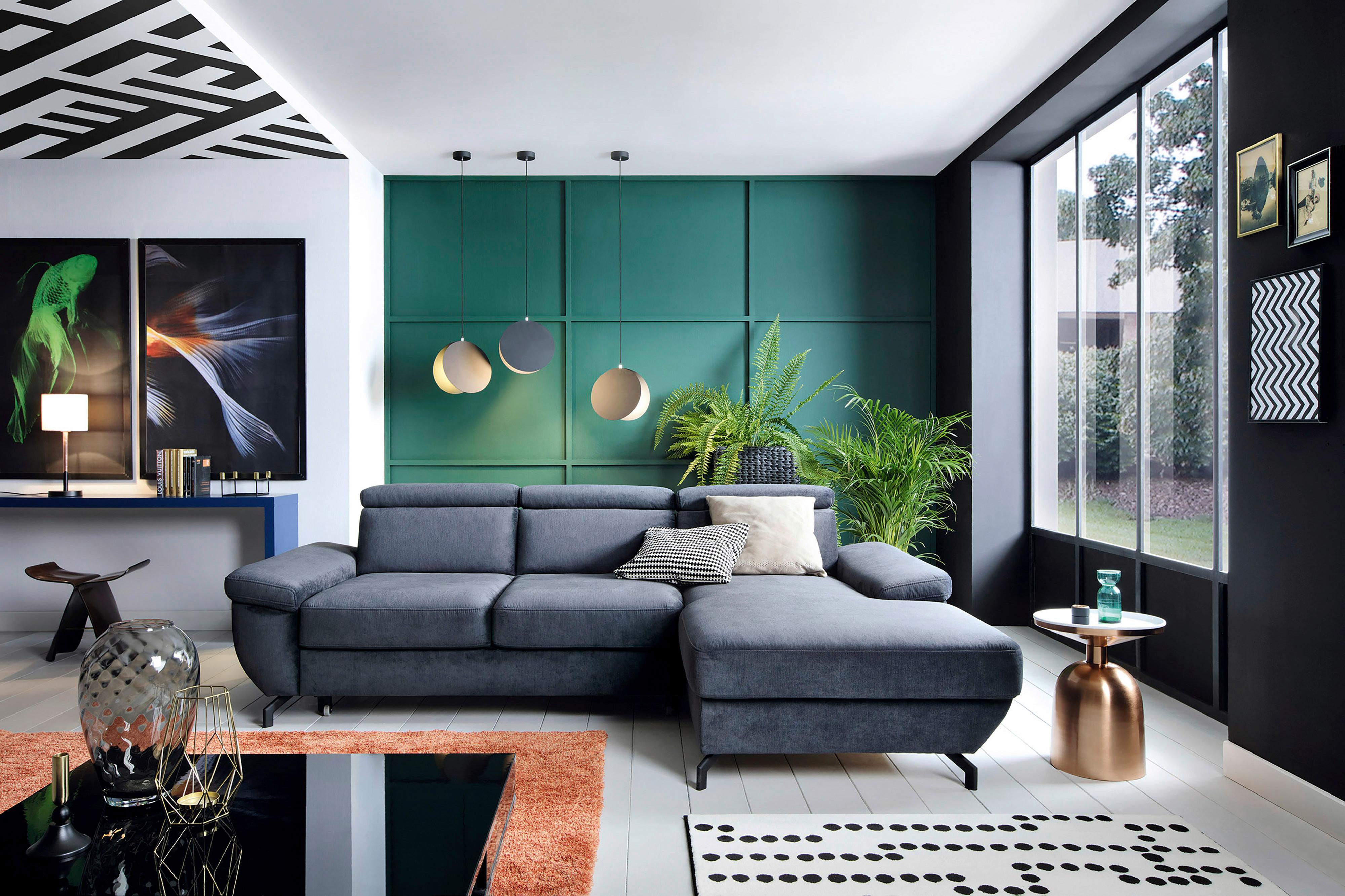 Ecksofa Rima - Silberfarben/Dunkelblau, MODERN, Textil (262/182cm) - Trendmanufaktur