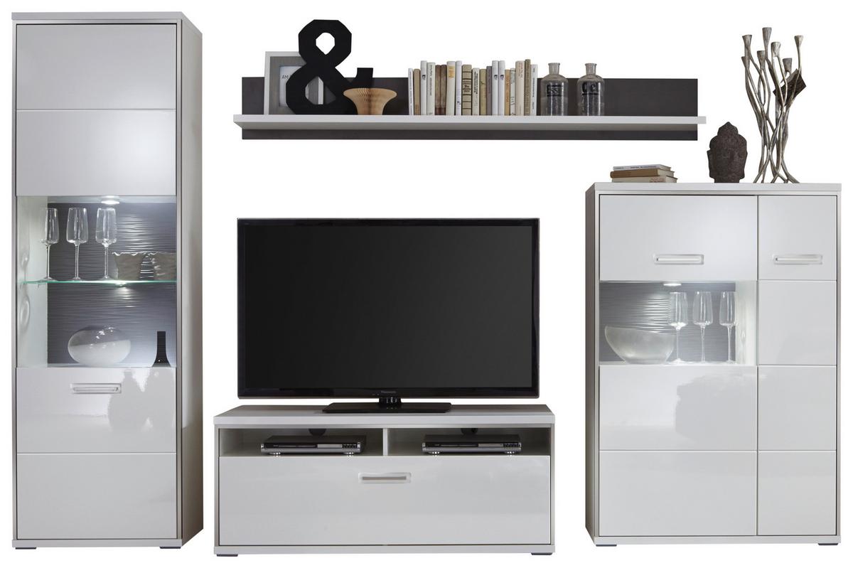 Wohnkombination 4-Tlg. Trento Grau/Silbern/Weiß - Weiß Hochglanz/Silberfarben, Design, Glas/Holzwerkstoff (301/201/52cm) - Livetastic
