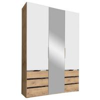 Drehtürenschrank Mit Spiegel + Laden 150cm Level 36a, Weiß - Plankeneiche/Eichefarben, MODERN, Glas/Holzwerkstoff (150/216/58cm) - MID.YOU