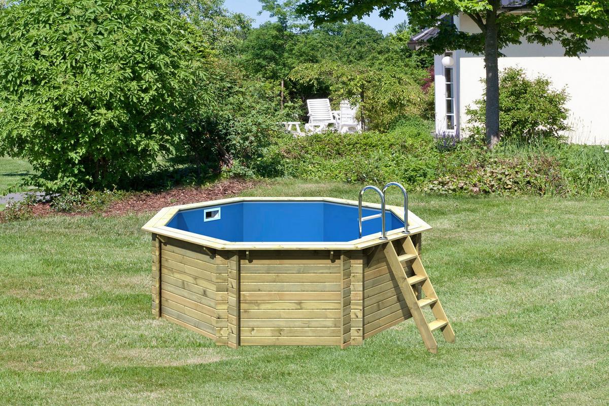 Schwimmbecken Achteckig Ibiza 1 mit Leiter, Pumpe Ø 400 cm - Blau/Naturfarben, Basics, Holz (400/124cm) - Karibu