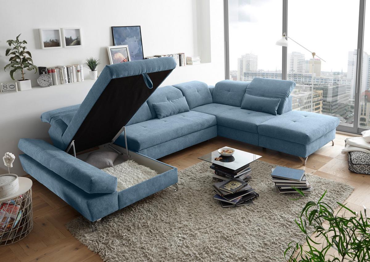 Ecksofa Melfi Blau U: 168 Cm - Blau/Silberfarben, MODERN, Textil (168/350/245cm) - MID.YOU