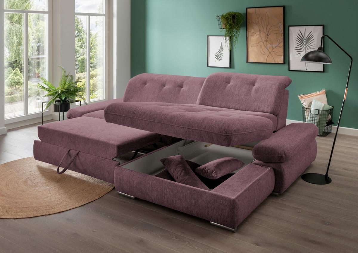Ecksofa Mit Schlaffunktion Dalida Brombeere Chenille - Chromfarben/Brombeere, Design, Textil (300/196cm) - Livetastic