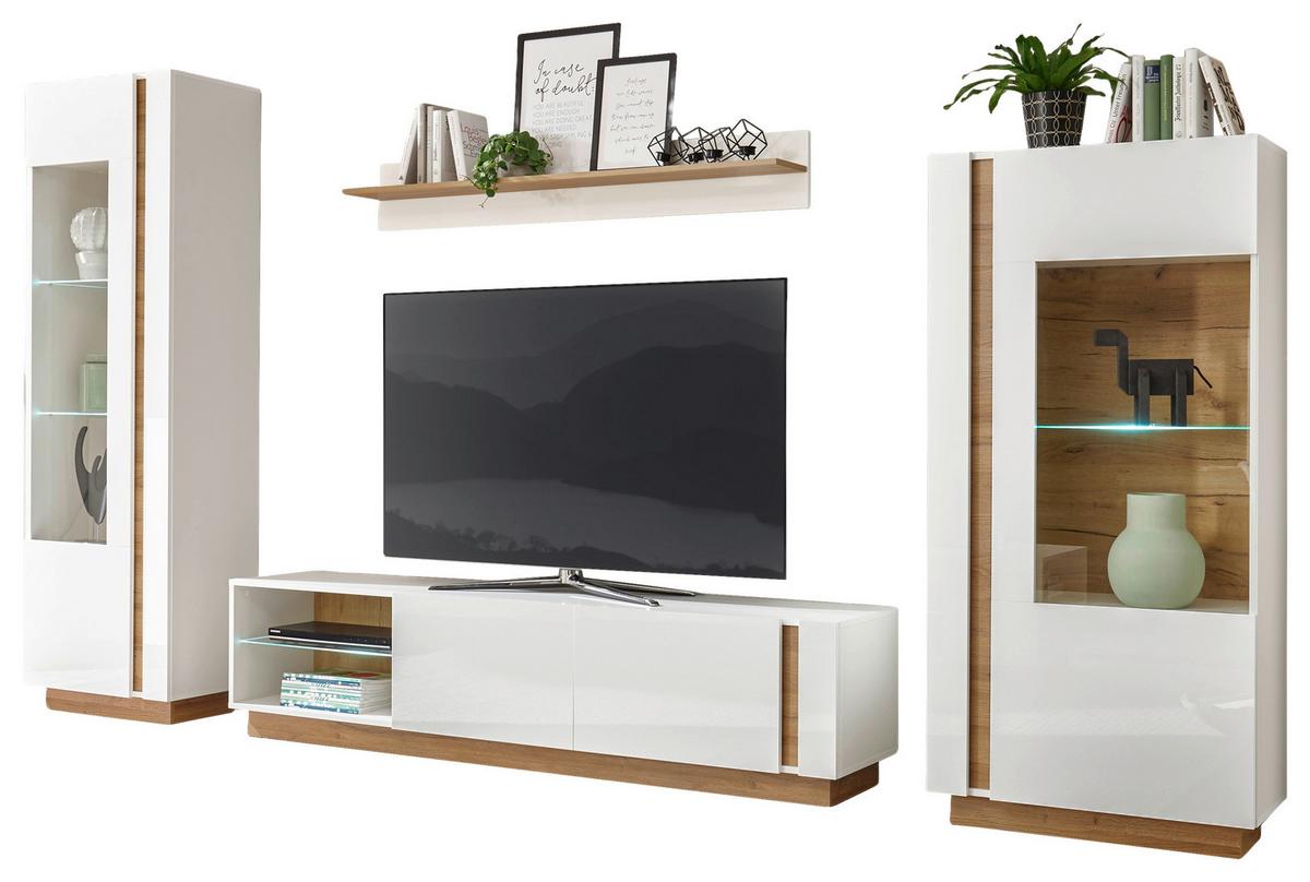 Wohnwand Clair Weiß/Eichefarben B: 340cm - Eichefarben/Weiß, Design, Glas/Holzwerkstoff (340/194/40cm) - MID.YOU