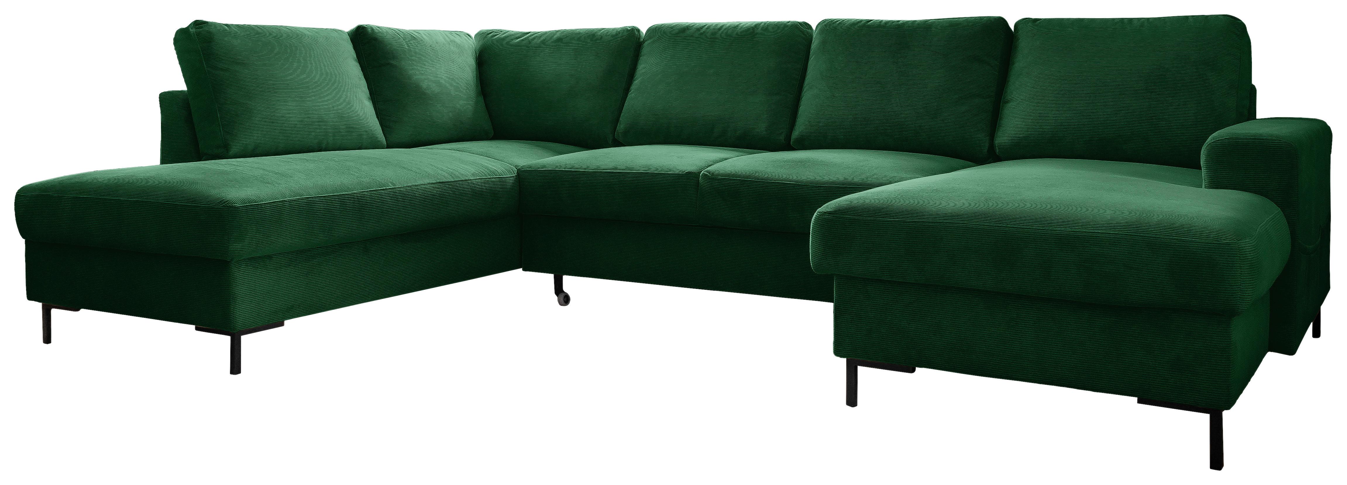 Sedačka LEONIE U, ľavá, smargdovozelený menčester - čierna/smaragdovozelená, Design, kov/drevo (197/303/148cm)