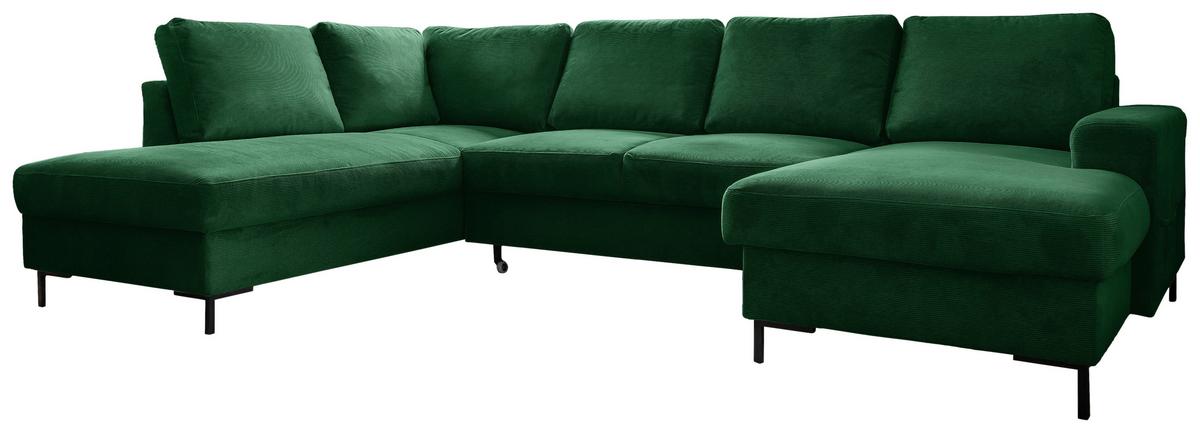 Sedačka LEONIE U, ľavá, smargdovozelený menčester - čierna/smaragdovozelená, Design, kov/drevo (197/303/148cm)