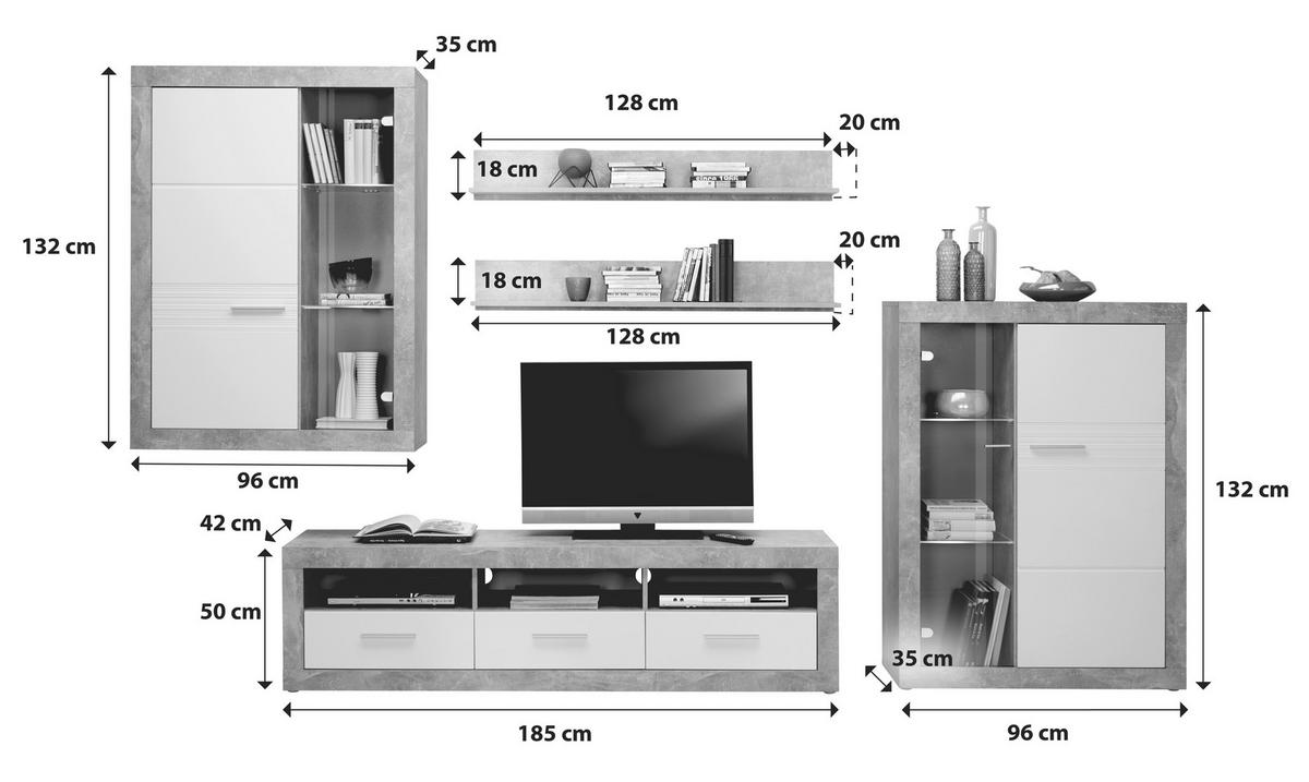 Wohnkombination 5 -teilig. Malta, San Remo Hell/weiß - Eichefarben/Weiß, MODERN, Glas/Holzwerkstoff (329/197/42cm)