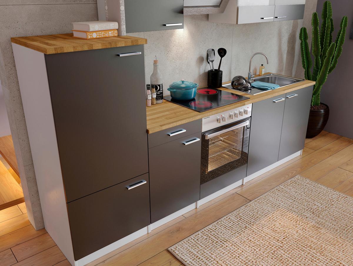 Küchenzeile Economy M. Geräten 270 Cm Grau/nussbaum Dekor - Nussbaumfarben/Weiß, Basics, Holzwerkstoff (270cm) - Respekta