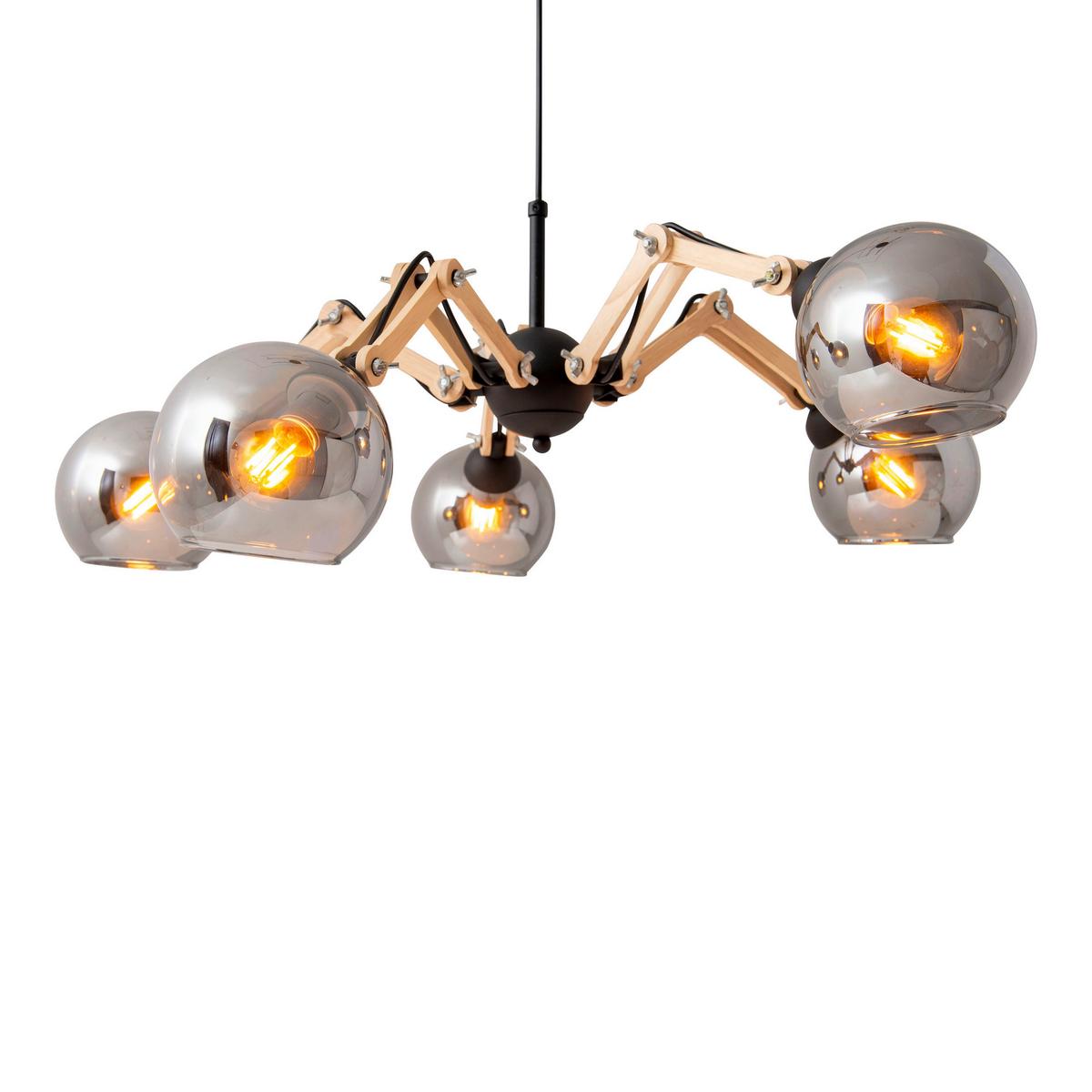Hängeleuchte H: 130 cm 5-Flammig, Echtholz/Eisen - Schwarz/Naturfarben, Design, Glas/Holz (80/130cm) - Näve