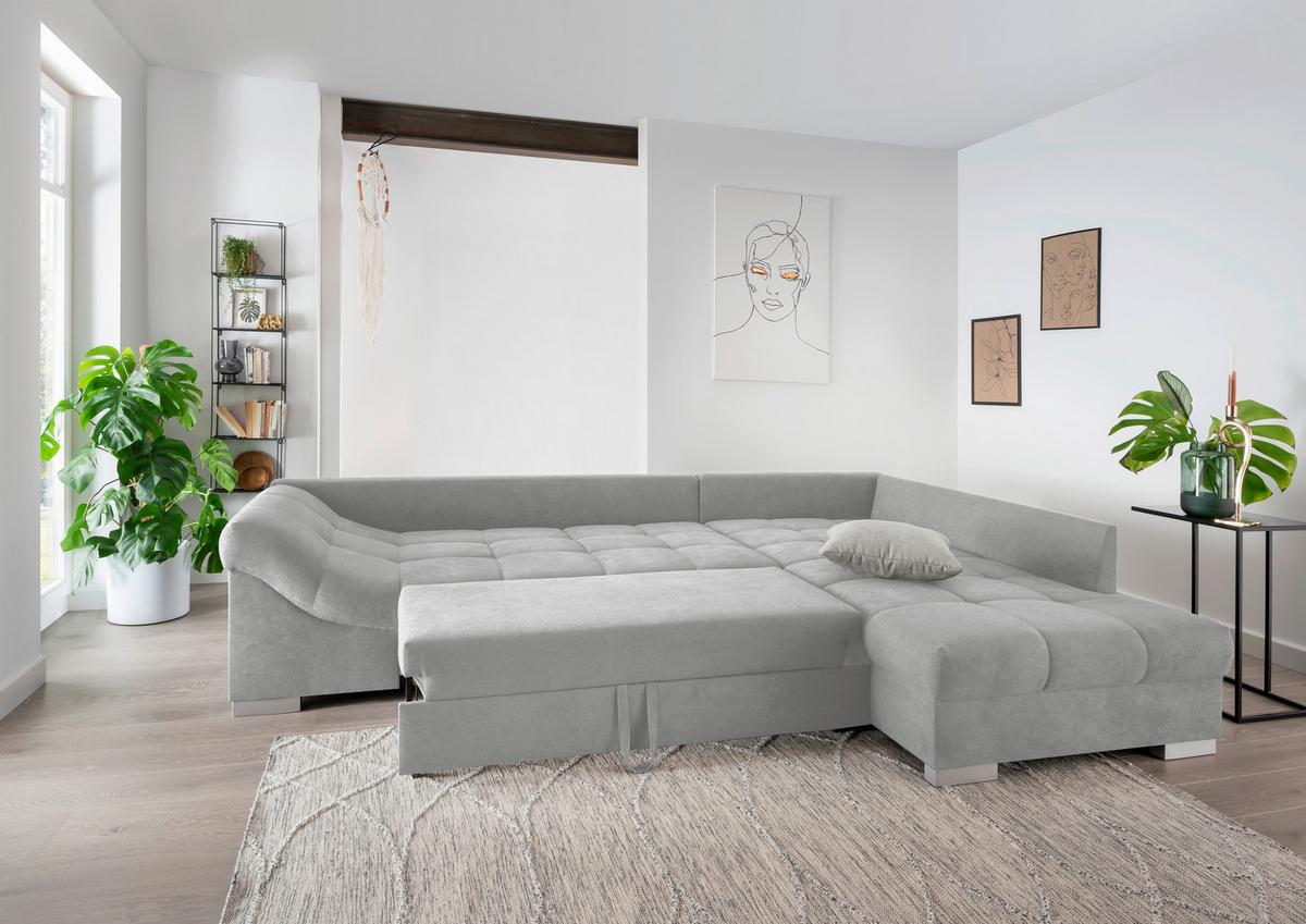 Eckschlafsofa Alvito Hellgrau S: 298/202 cm - Silberfarben/Hellgrau, Design, Textil (298/202cm) - MID.YOU