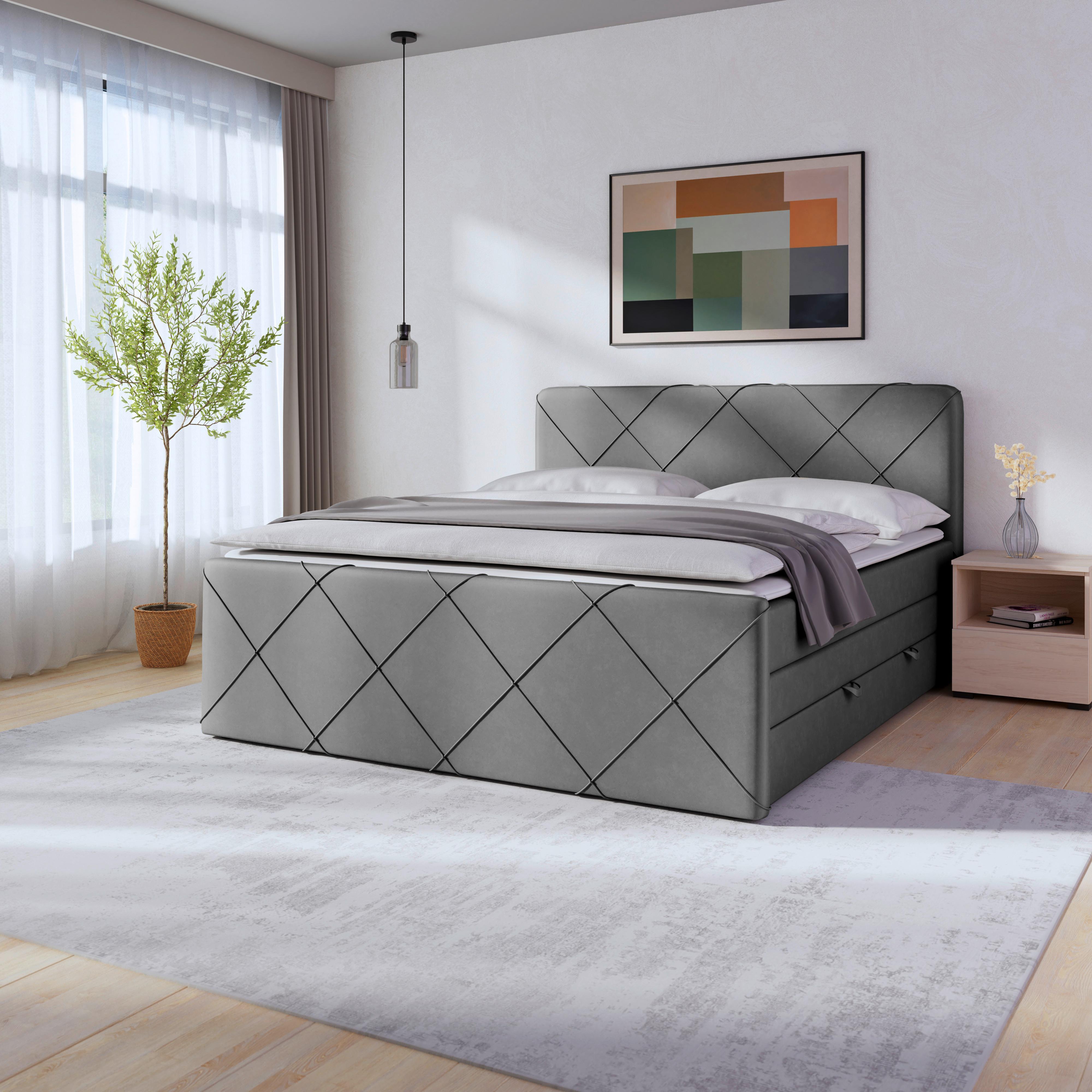 Boxspringbett mit Bettkasten Cordoba, 180x200 cm - Hellgrau/Schwarz, MODERN, Karton/Holz (180/200cm) - MID.YOU