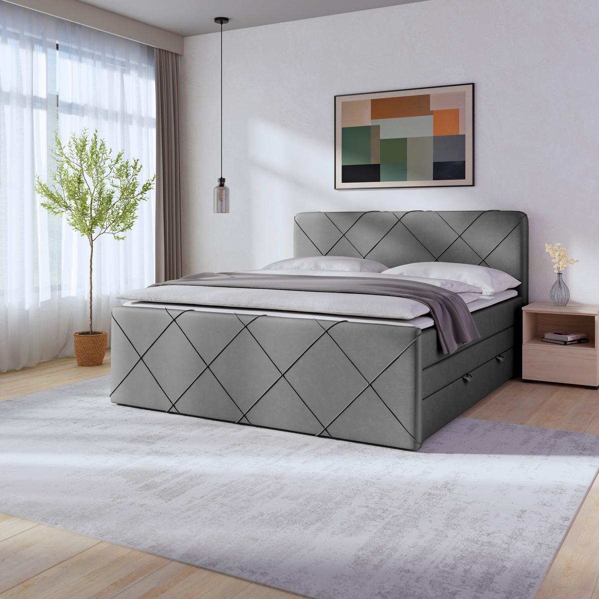 Boxspringbett mit Bettkasten Cordoba, 180x200 cm - Hellgrau/Schwarz, MODERN, Karton/Holz (180/200cm) - MID.YOU