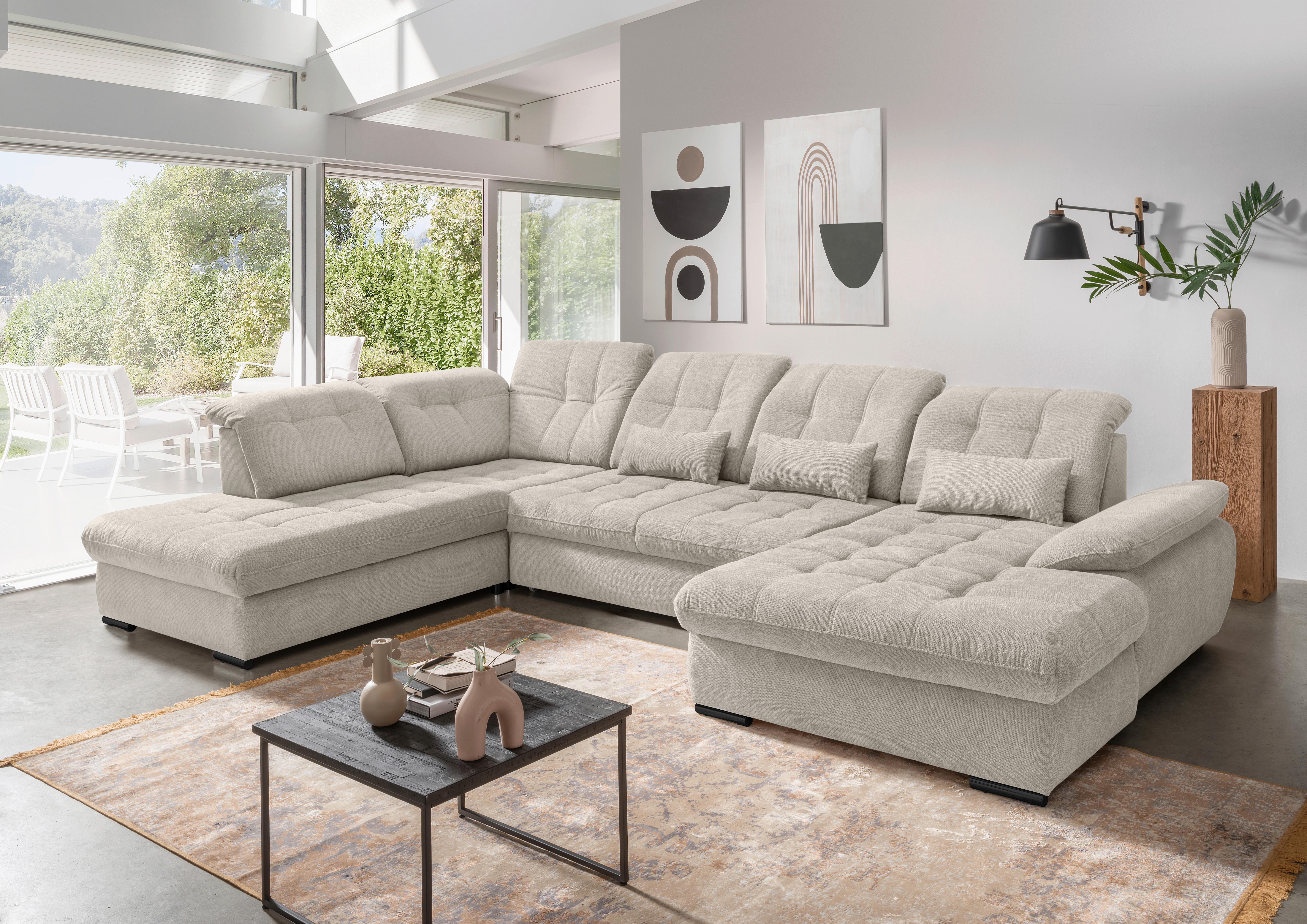 Wohnlandschaft mit Bettkasten Rigatti Beige B: 387 cm - Beige/Schwarz, MODERN, Textil (252/387/184cm) - Livetastic