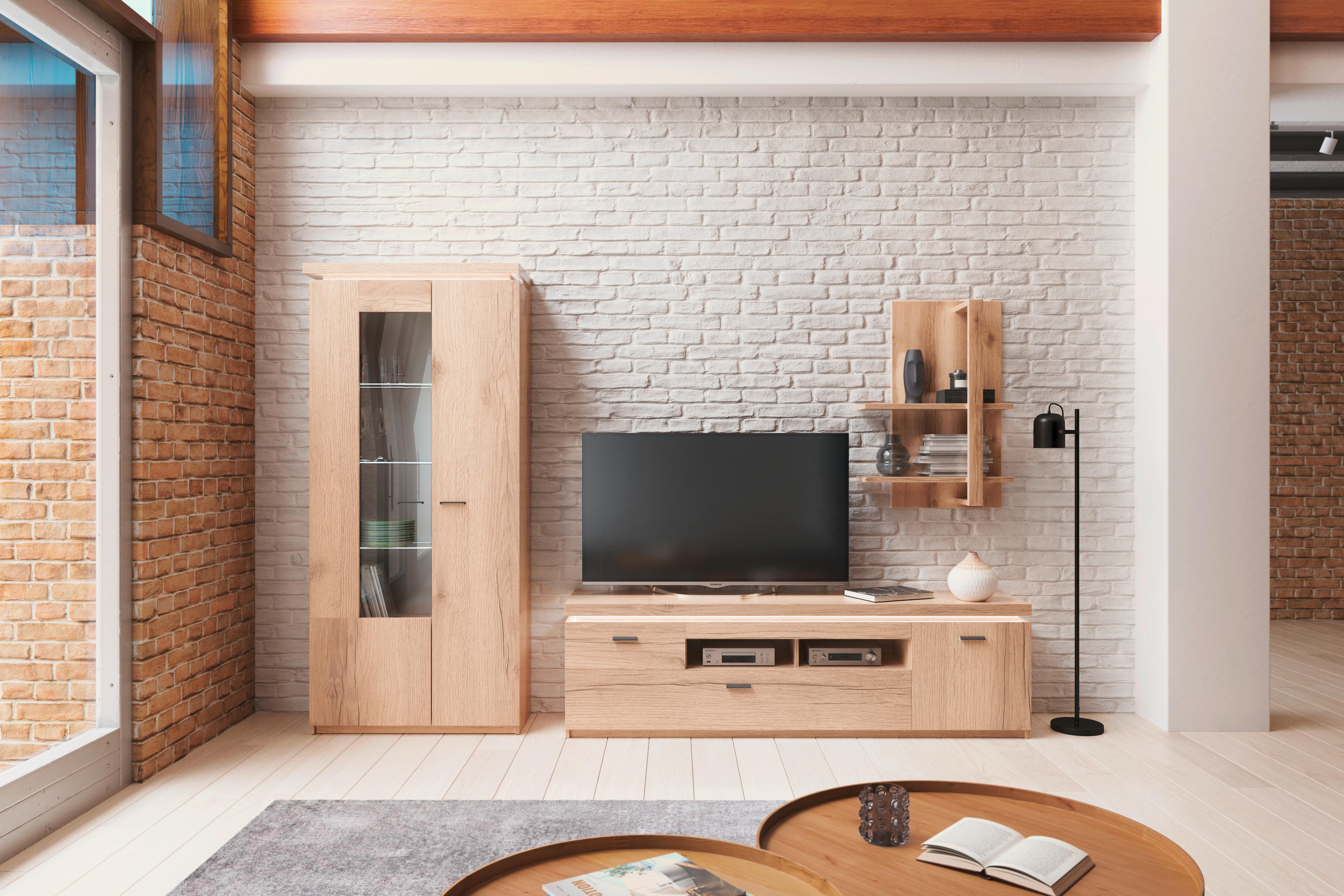 Wohnkombination Modern 3 -teilig. Mit Led Vancouver, Eiche Dekor - Eichefarben, MODERN, Glas/Holzwerkstoff (284/198/44cm)