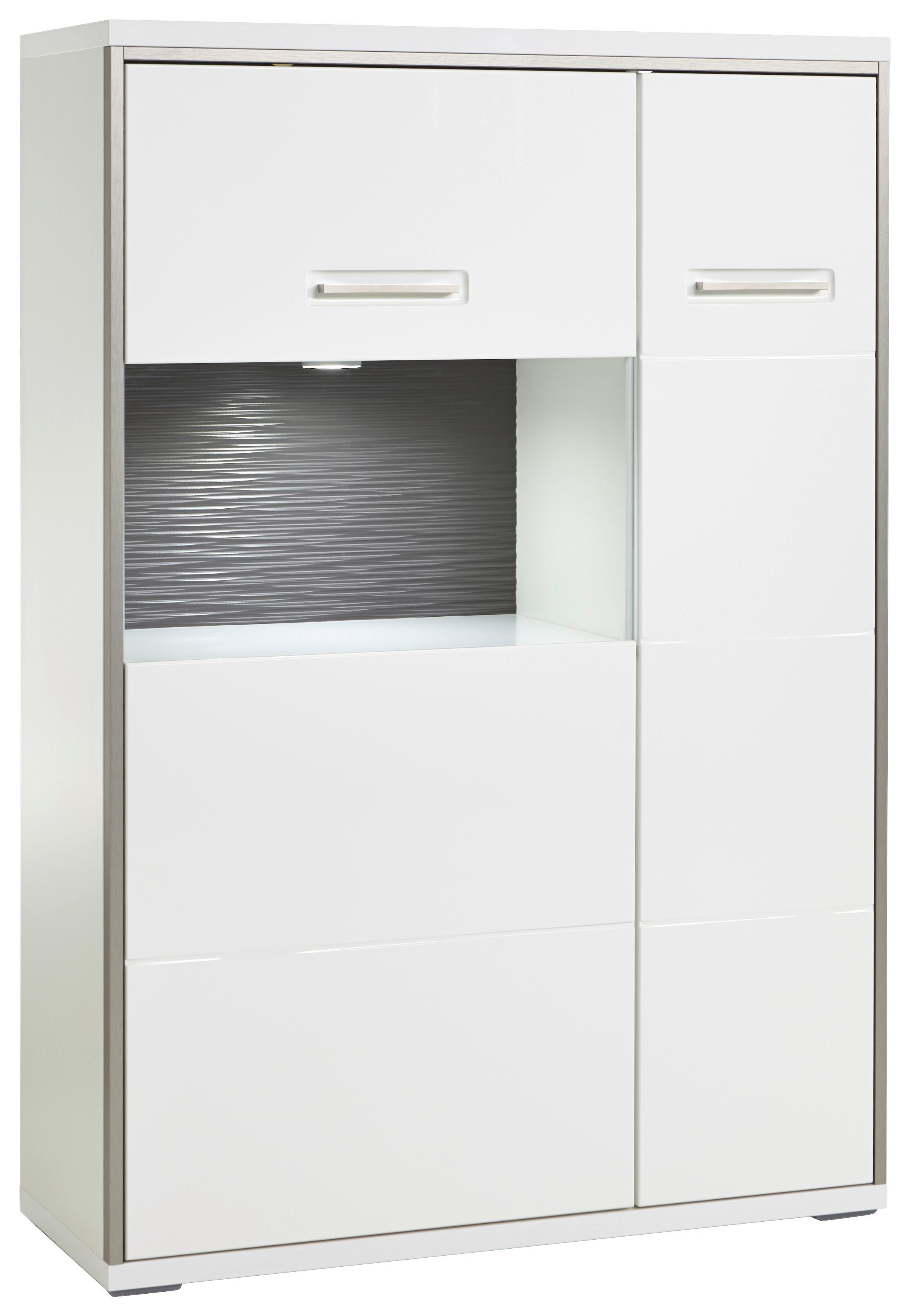 Highboard B: 94 Trento Grau/Silberfarben/Weiß - Weiß Hochglanz/Silberfarben, Design, Glas/Holzwerkstoff (94/137/38cm) - Livetastic