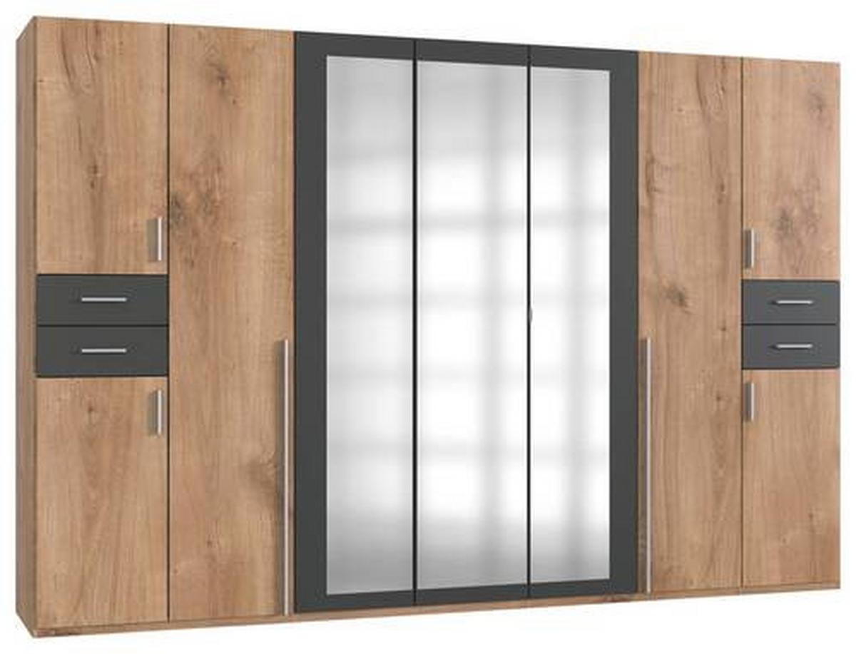 Drehtürenschrank Mit Spiegel + Laden B: 313 cm Vegas - Eichefarben/Graphitfarben, Basics, Holzwerkstoff (313/208/58cm) - MID.YOU