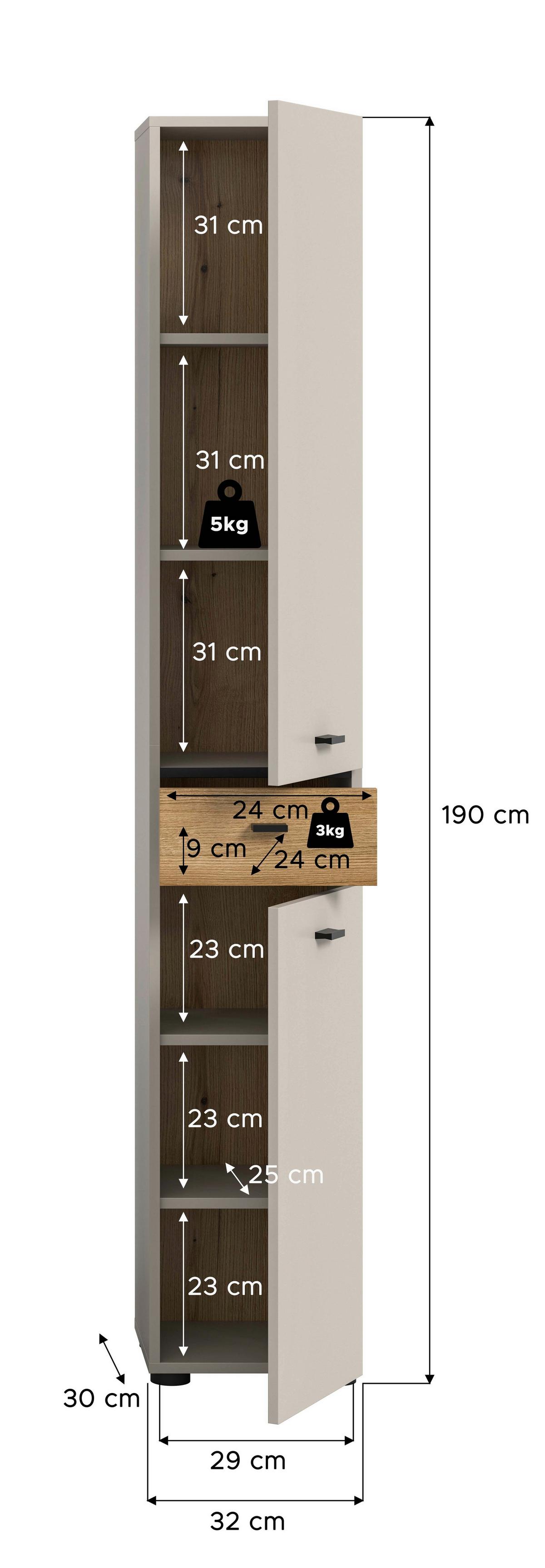 Hochschrank Aqua Kaschmir/Eichefarben B: 32cm - Kaschmir/Eichefarben, Trend, Holzwerkstoff (32/191/30cm) - MID.YOU