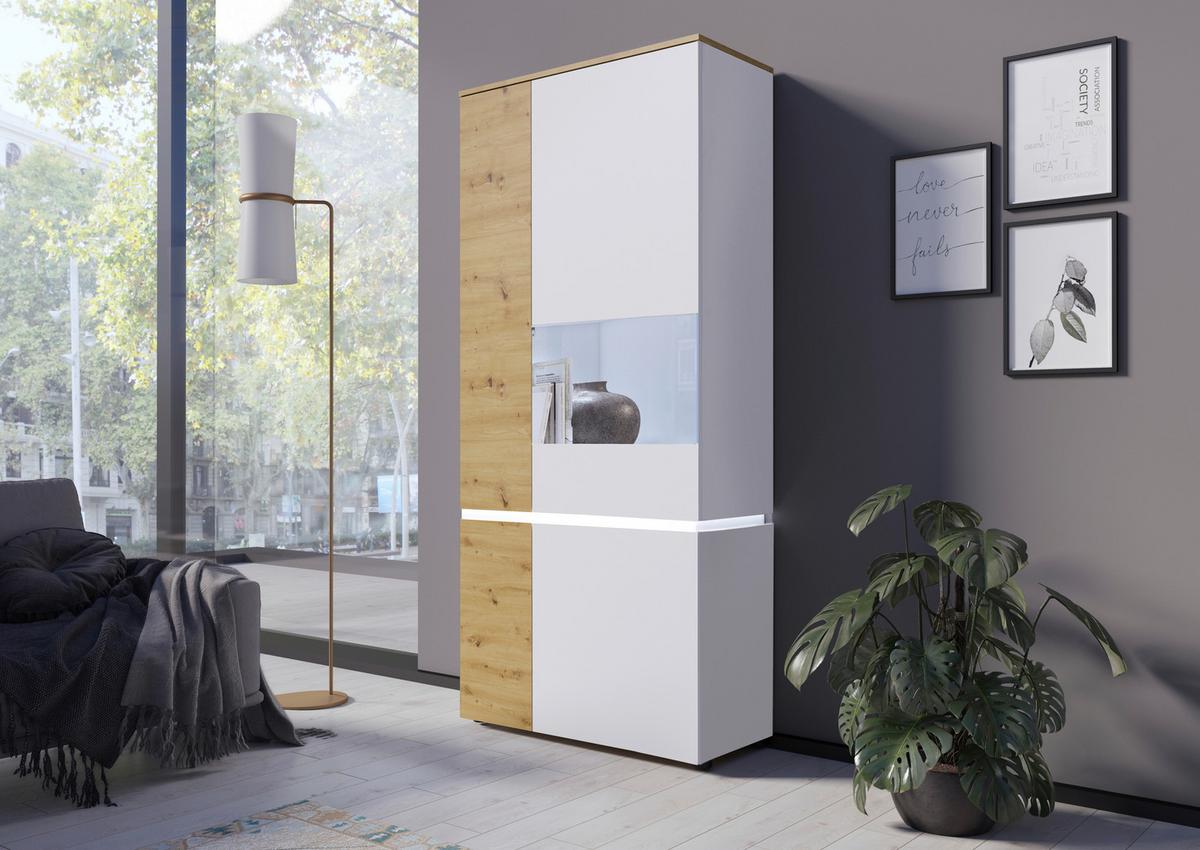 Vitrine Luci Weiß Eiche Artisan/weiß B: 90,4 Cm - Weiß/Eiche Artisan, Trend, Glas/Holzwerkstoff (90,4/199/40cm) - MID.YOU