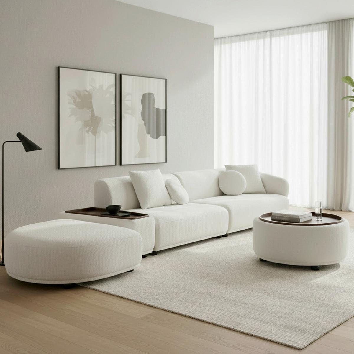 Rohová sedačka KIRA, bílá žinylka, se stolíkem - bílá/černá, Moderní, dřevo/textil (408/108cm) - Bessagi Home