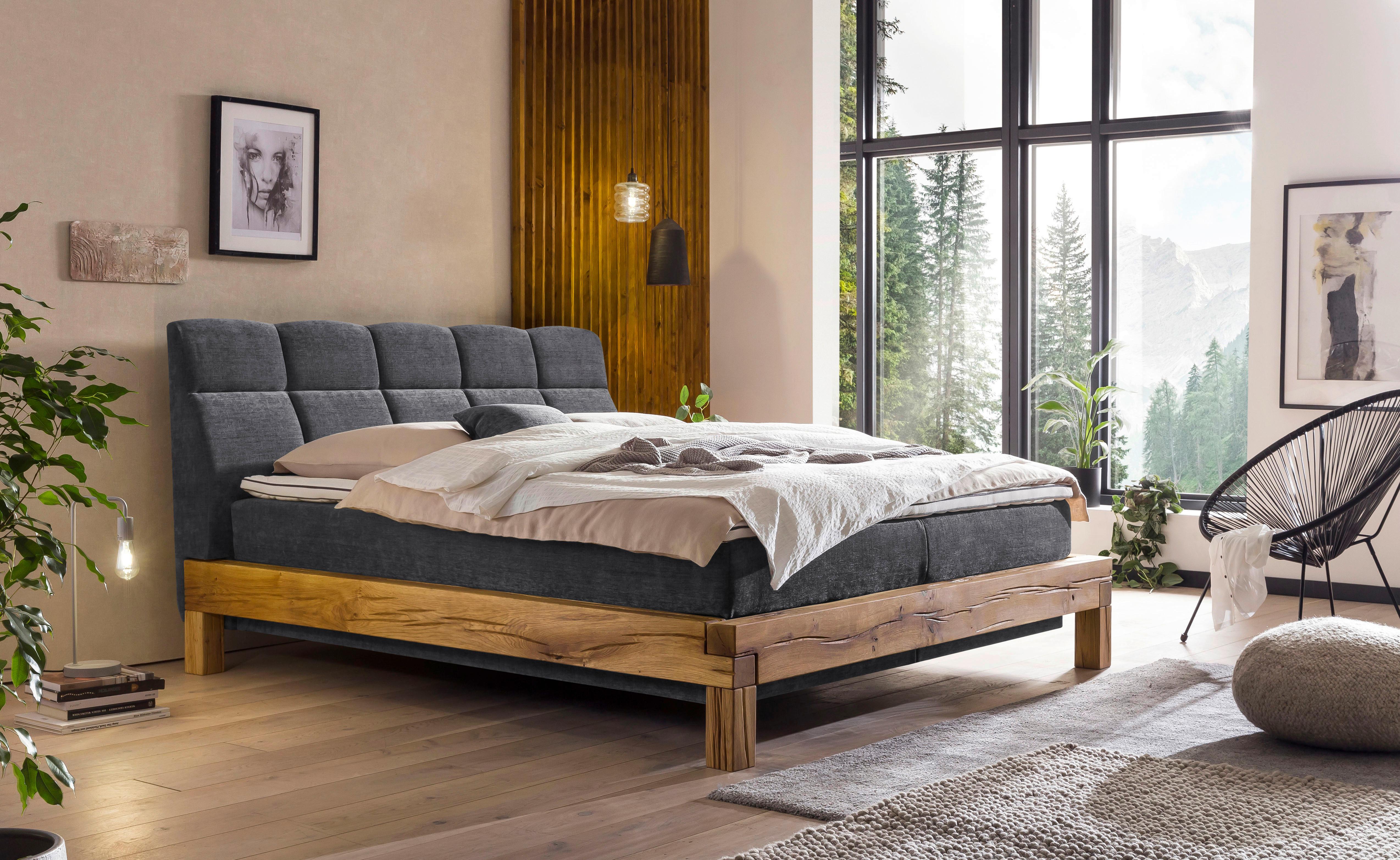 Boxspringbett Bed Bull Mit Topper 160x200 Cm - Anthrazit/Buchefarben, Natur, Textil (160/200cm) - Livetastic