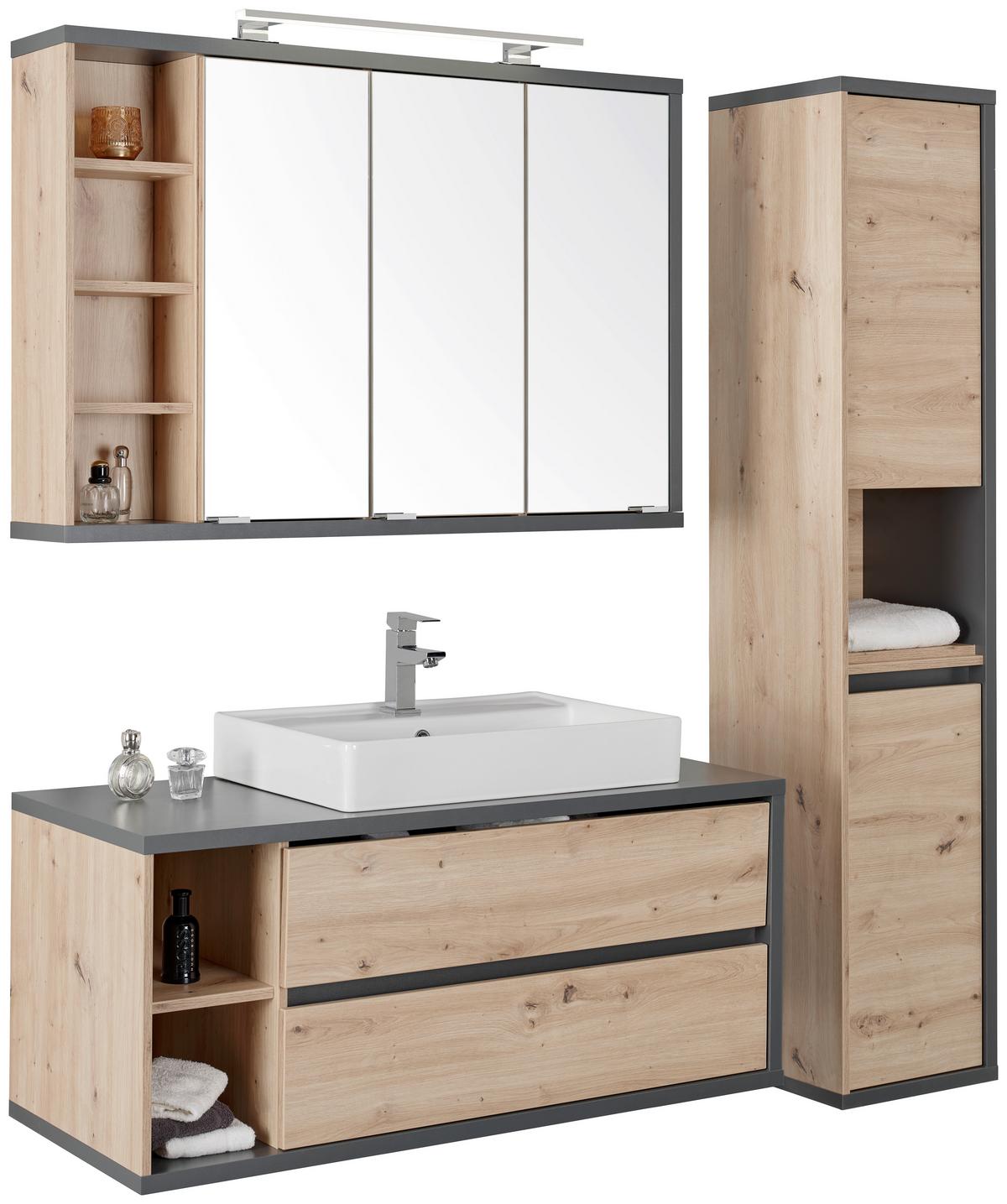 Waschbeckenunterschrank Camillo B: 110 Cm, Eichefarben - Weiß Hochglanz/Anthrazit, MODERN, Keramik/Holzwerkstoff (110/48/46cm)