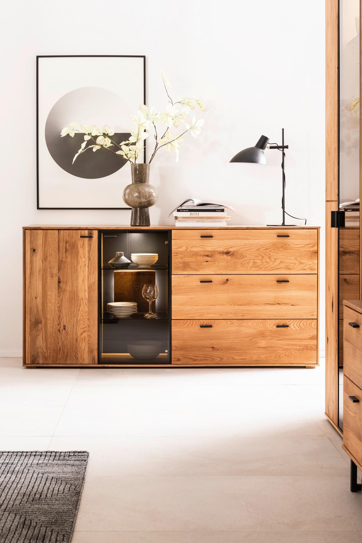 Sideboard Assini Wildeiche B: 183 cm - Wildeiche, Design, Glas/Holz (183/88/44cm) - MID.YOU