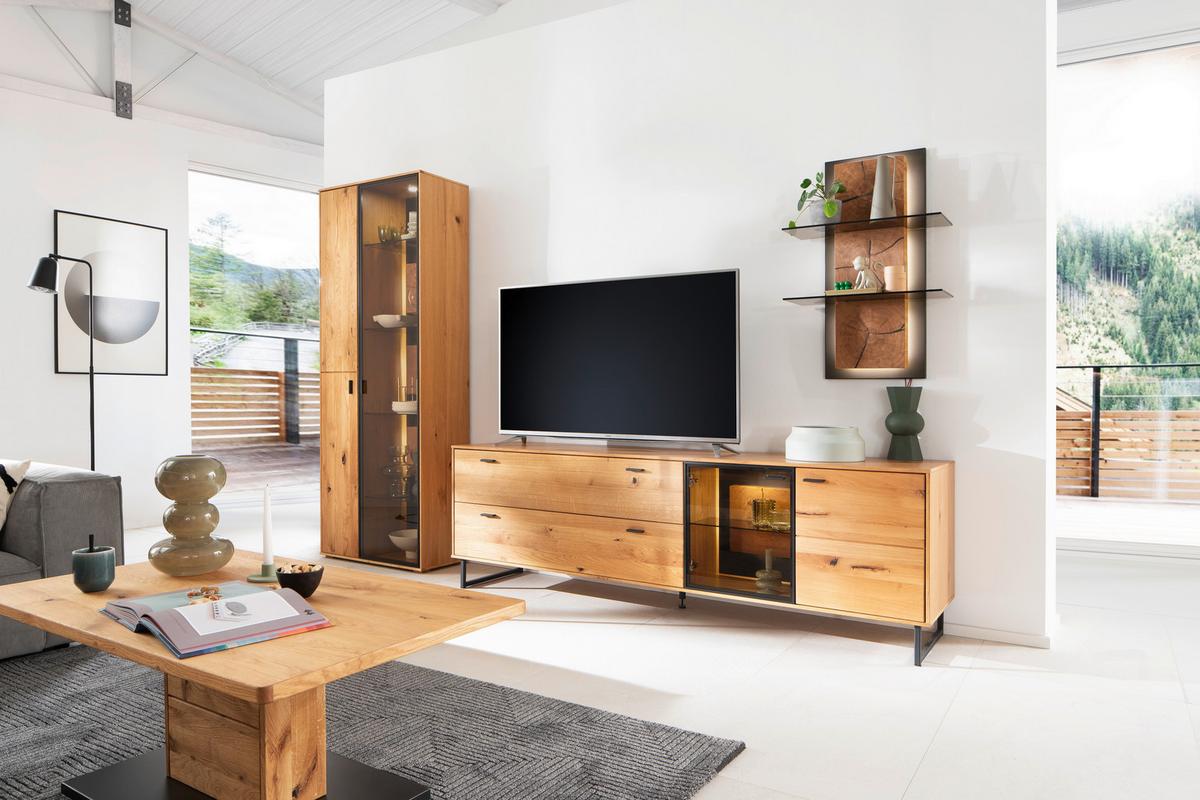 Wohnwand Assini Wildeiche B: 306 cm - Wildeiche/Schwarz, Design, Glas/Holz (306/206/50cm) - MID.YOU