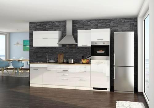 Küchenzeile Mailand mit Geräten 290 cm Weiß Dekor Hochglanz - Weiß Hochglanz/Eichefarben, MODERN, Holzwerkstoff (290cm) - Held