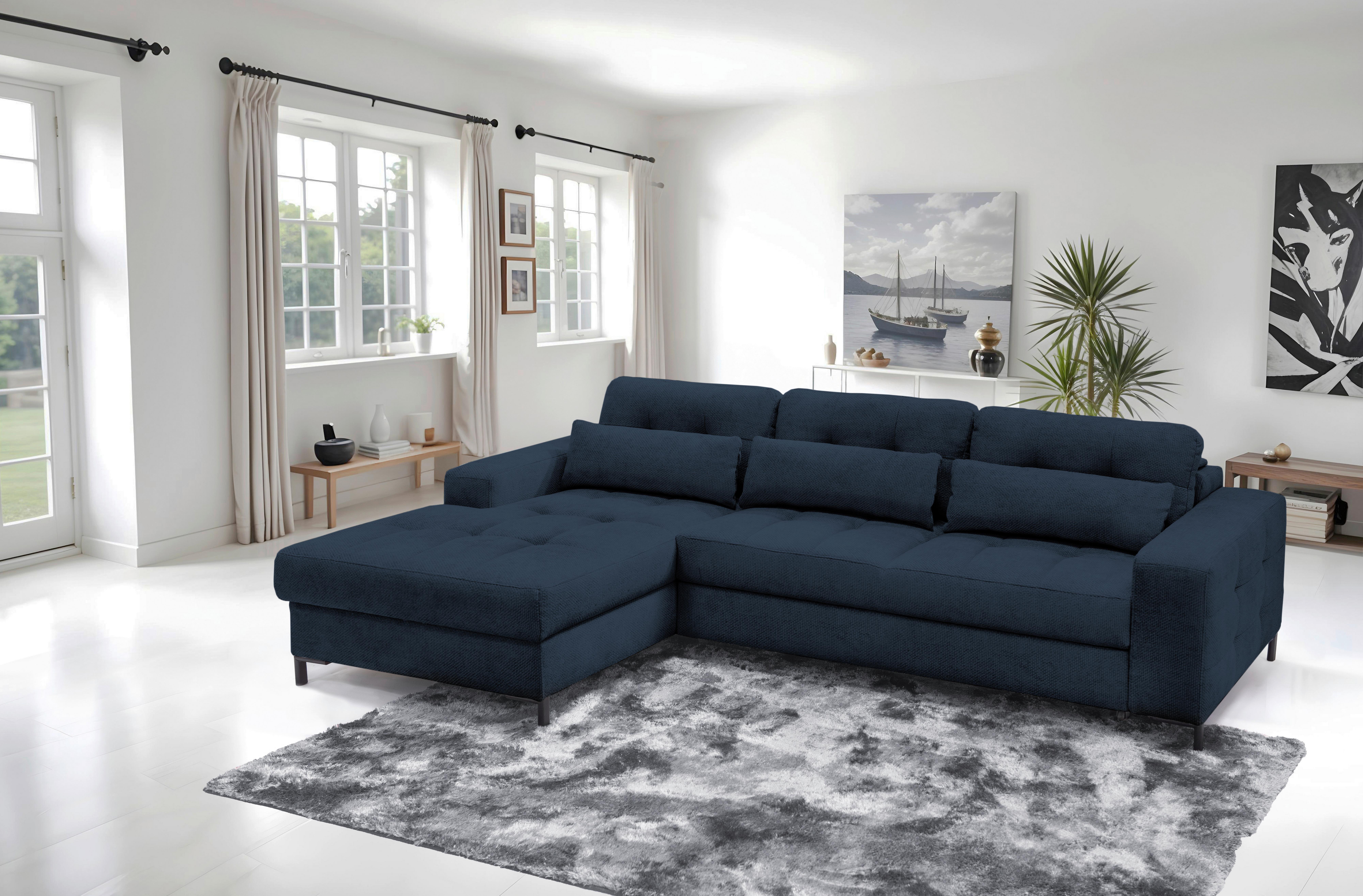 Ecksofa Bonito, Dunkelblau Schenkel: 176x255 cm - Schwarz/Dunkelblau, Design, Textil (176/260cm) - Livetastic