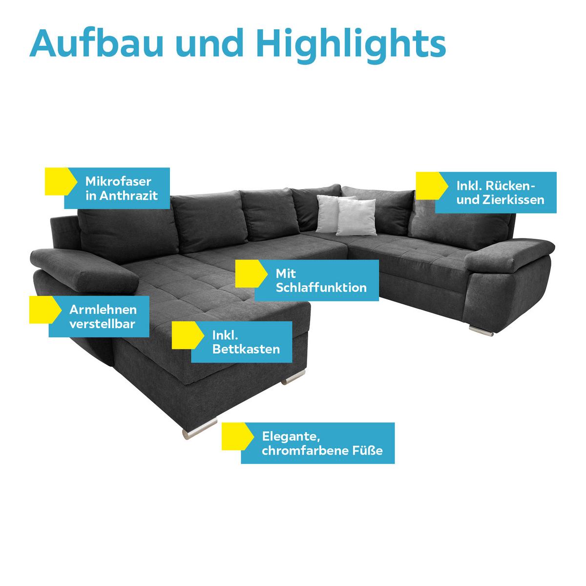 Wohnlandschaft Terana Mit Schlaffunktion, Anthrazit - Chromfarben/Anthrazit, KONVENTIONELL, Textil (157/305/219cm) - Livetastic