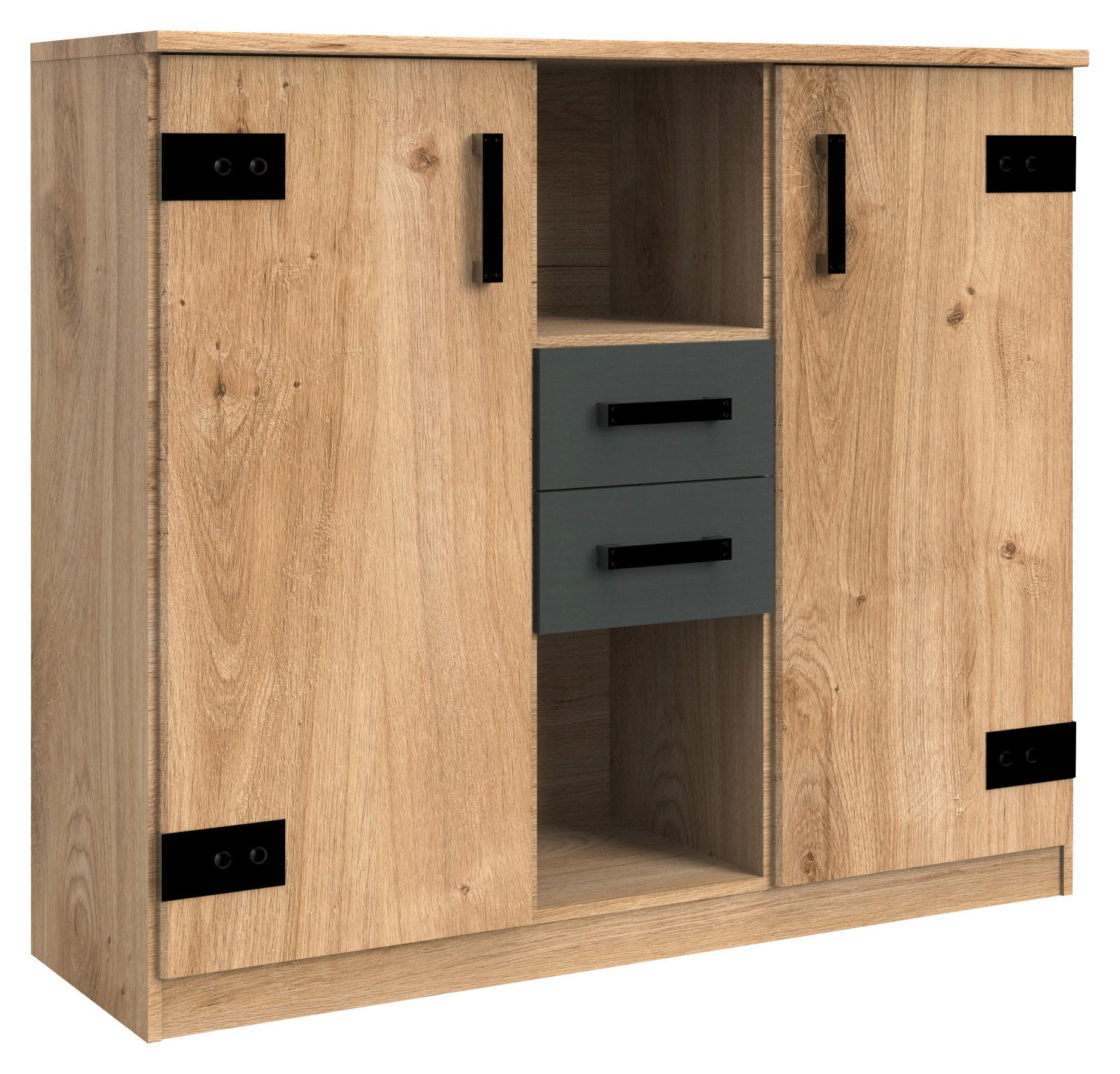 Kommode Mit Soft-Close 124cm Liverpool, Eiche Dekor/Graphit - Eichefarben/Graphitfarben, Design, Holzwerkstoff (124/105/41cm) - MID.YOU