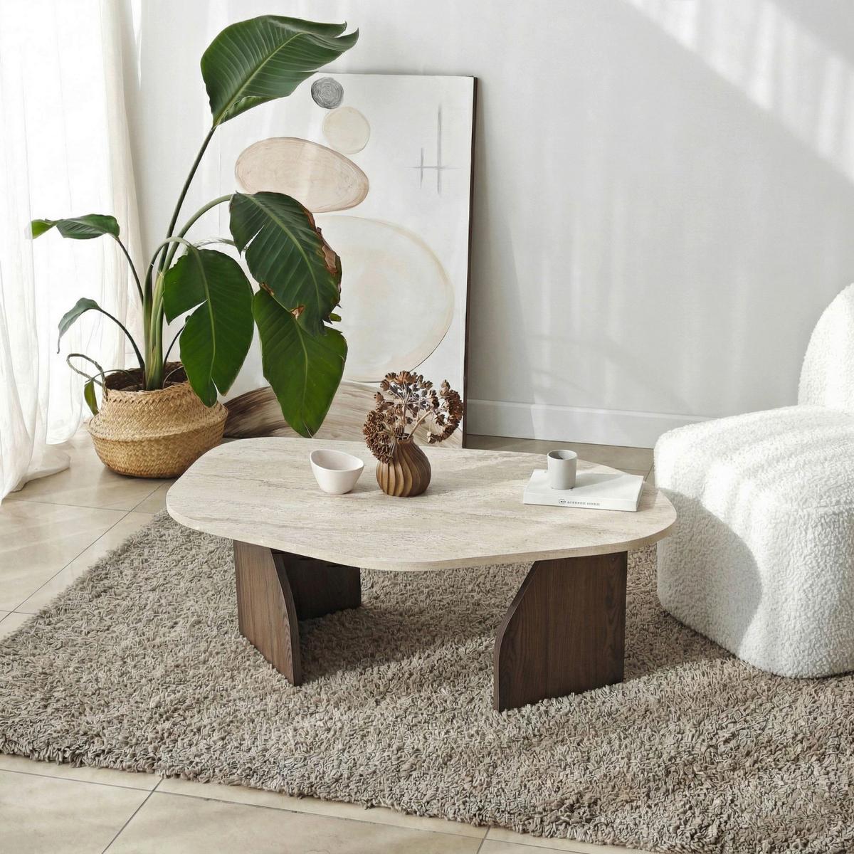 COUCHTISCH Travertin/Walnuss B: 100cm - Beige/Walnussfarben, MODERN, Holzwerkstoff (100/35/60cm)