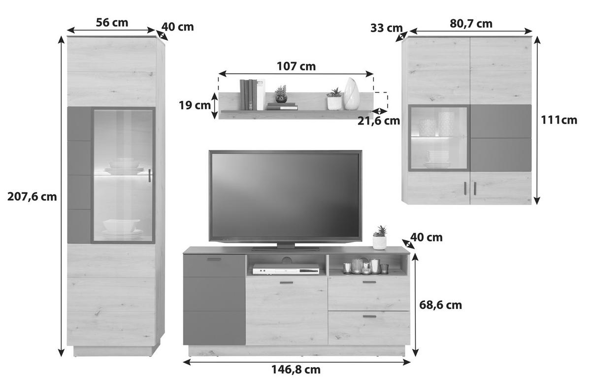 Wohnkombination Modern 4 -Teilig. Tonale 2, Eiche Dekor/Grau - MODERN (283,5/207,6/40cm)