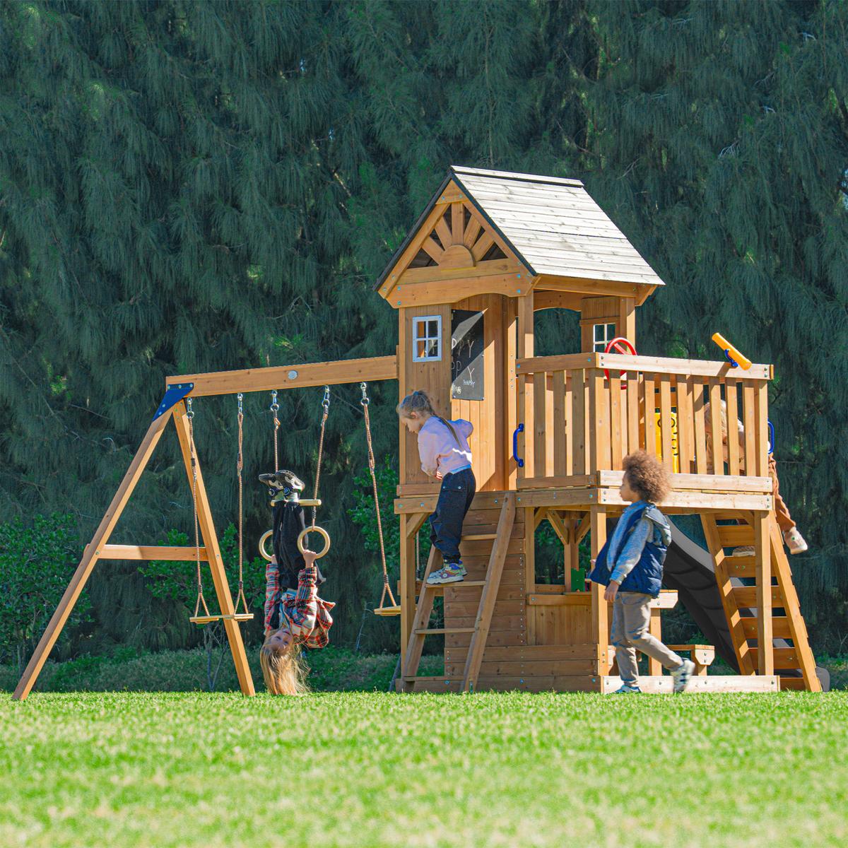 Spielturm mit Rutsche Grau - Anthrazit/Braun, Basics, Holz/Kunststoff (435/410/305cm) - Ambia Garden