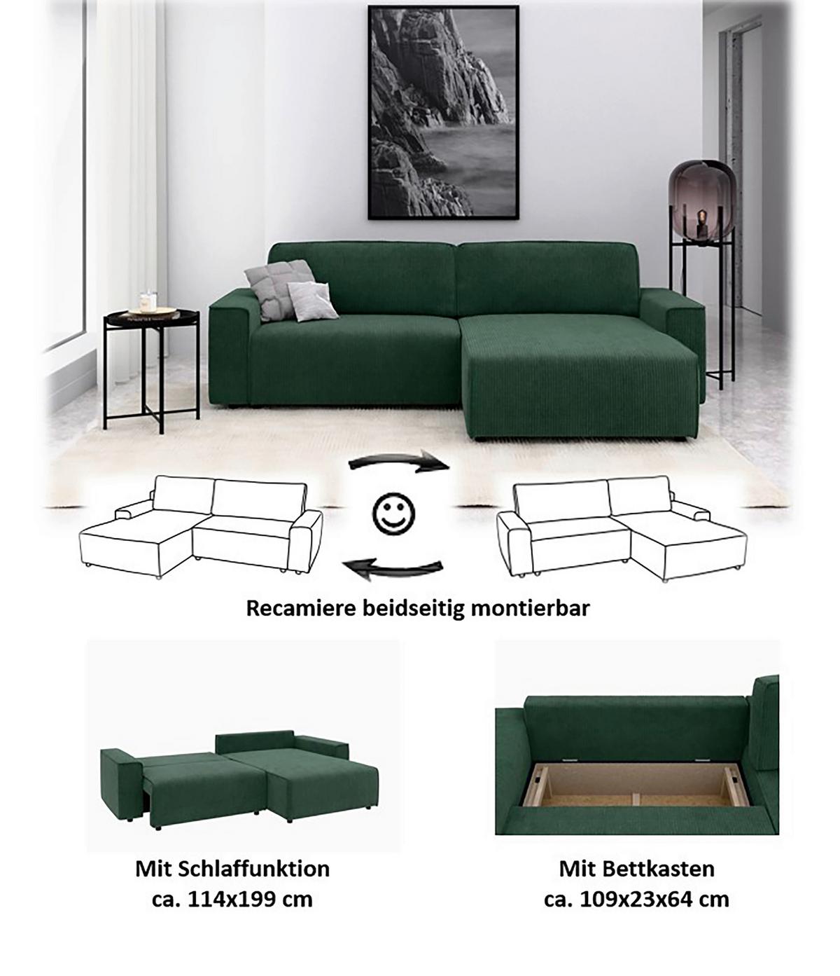 Ecksofa Chance Dunkelgrün S: 265x164 cm - Dunkelgrün/Schwarz, MODERN, Textil (265/164cm) - Trendmanufaktur