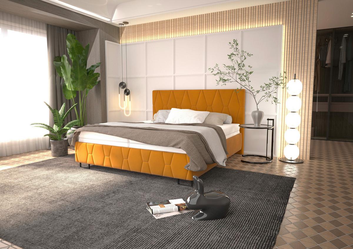 Čalouněná postel ATESSA 160x200 cm, hořčicově žlutá - hořčicově žlutá, Moderní, dřevo/textil (160/200cm)