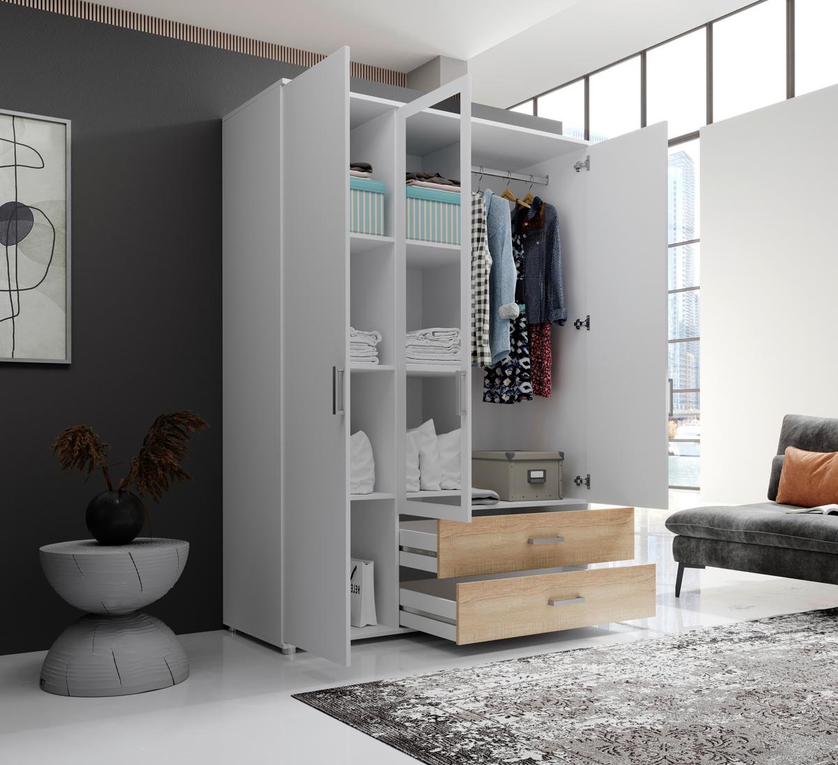 Drehtürenschrank Mit Laden 125cm Ivar Weiß/eiche Dekor - Weiß/Sonoma Eiche, MODERN, Holzwerkstoff (125/190/51cm) - MID.YOU