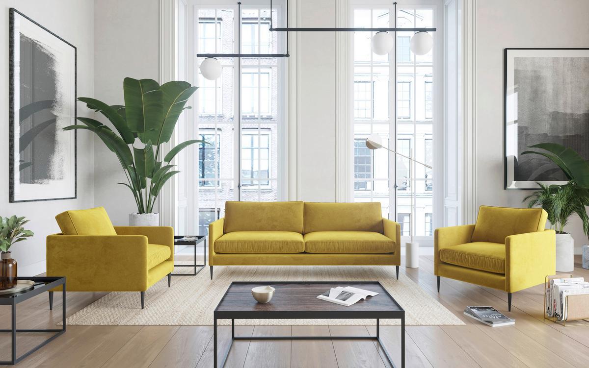 Sitzgarnitur Justin 3-teilig Currygelb B: 210 Cm - Currygelb/Edelstahlfarben, Design, Textil (210/80/84cm) - Livetastic