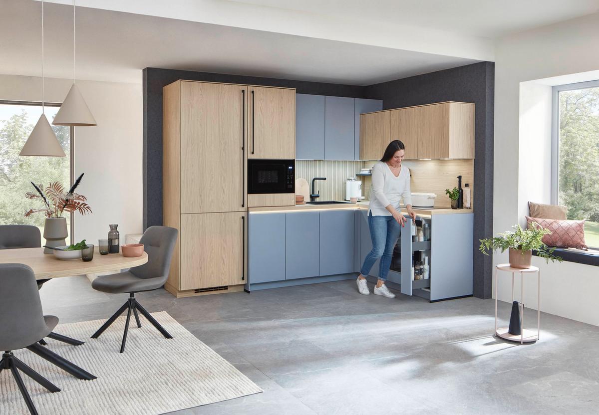 Eckküche Sidney/singapur - Sandfarben/Blau, Basics, Holzwerkstoff (288/185cm) - Vertico