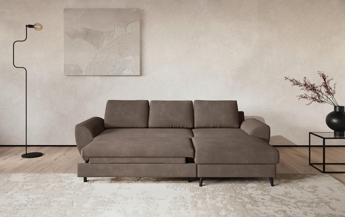 Ecksofa mit Bettfunktion Terra Chenille taupe, B: 255cm - Taupe/Schwarz, Trend, Textil (255/154cm) - MID.YOU