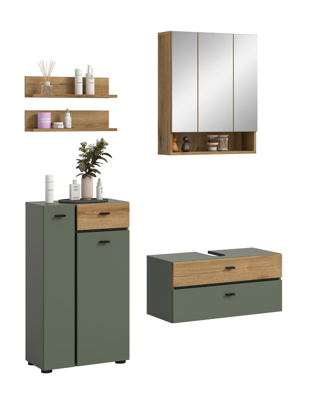 Badezimmer Aqua Grün/Eichefarben B: 126cm - Eichefarben/Schwarz, Trend, Glas/Holzwerkstoff (126cm) - MID.YOU